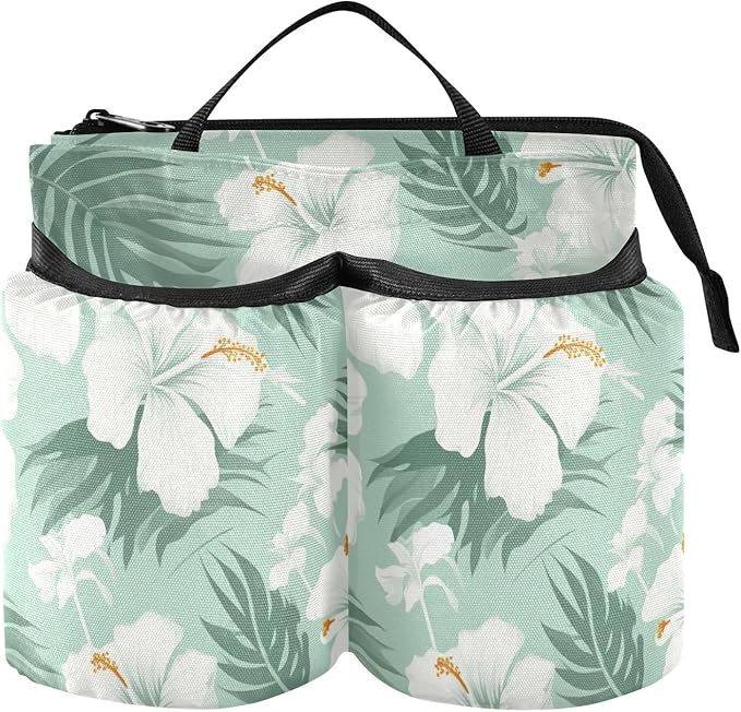 DOMIKING Hibiscus Flowers Leaves Tropical Travel Luggage Cup Holder for Suitcase Free Hands Drink Carriers with Storage Pockets for Coffee Mug Bottle