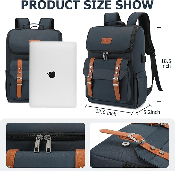 YALUNDISI Vintage Backpack Travel Laptop Backpack with usb Charging Port for Women & Men College Backpack Fits 15.6 Inch Laptop Blue Brown