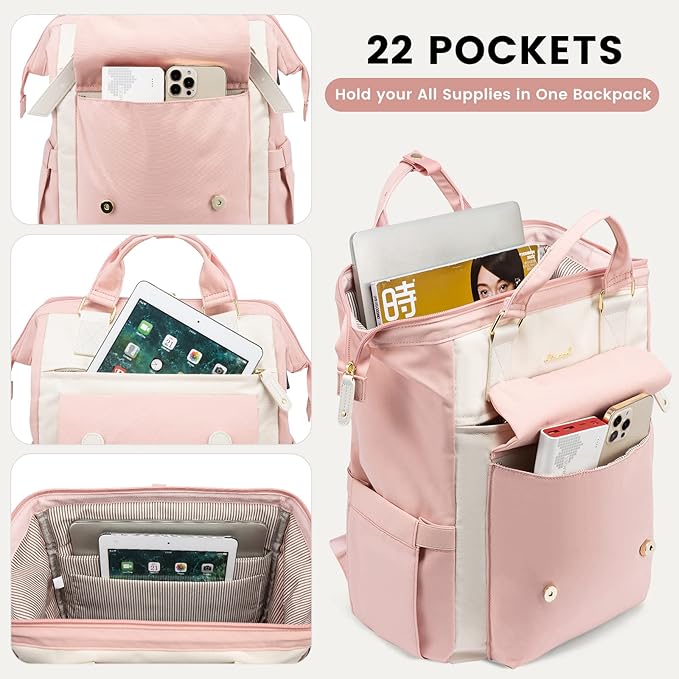 LOVEVOOK Laptop Backpack for Women Work Travel Computer Backpacks Purse, Nurse Bag Teacher Business Laptop Bag, Fashion College Backpack Casual Daypack, 15.6 Inch, Pink-Beige-Beige