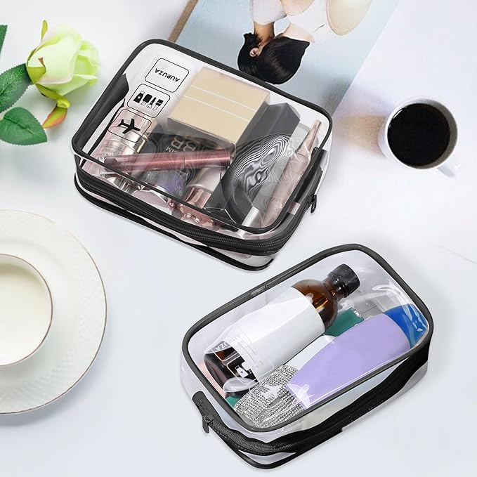 AURUZA 2 Pack TSA Approved Toiletry Bag, Clear Makeup Bag,Travel Cosmetic Bag with Zipper,Clear Organizer Carry on Bag for Women,PVC Cosmetic Pouch for Airport Airline Compliant (Black)