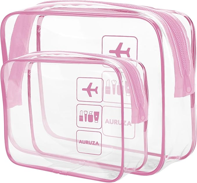 AURUZA Clear Makeup Bag, TSA Approved Cosmetic Travel Toiletry Organizer, Quart Size Carry On Compliant, Water Resistant Airport Airline Essentials