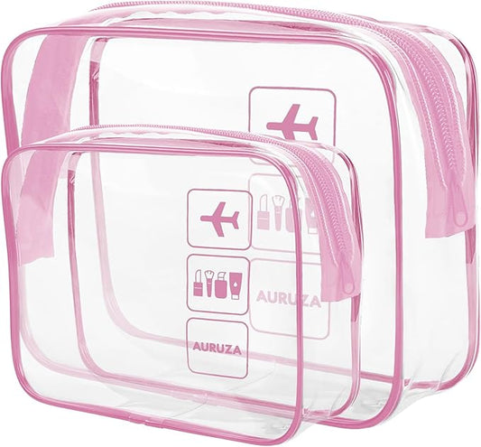 AURUZA Clear Makeup Bag, TSA Approved Cosmetic Travel Toiletry Organizer, Quart Size Carry On Compliant, Water Resistant Airport Airline Essentials