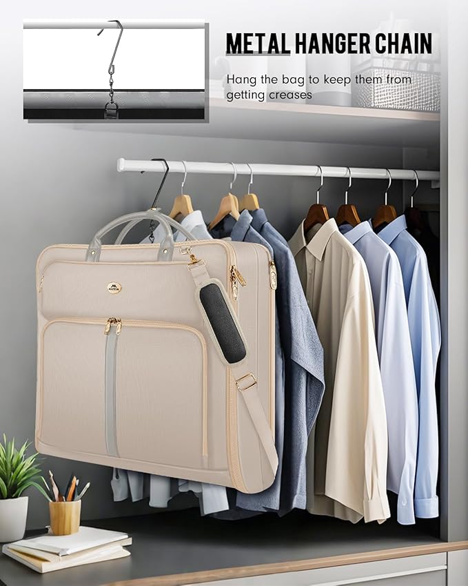 MATEIN Garment Bags for Travel for Women, Large Garment Bags for Hanging Clothes Up to 7 Suits, Business Convertible Travel Suit Carrier with Strap, Foldable Suitcase Luggage Fit 17.3" laptop, Beige
