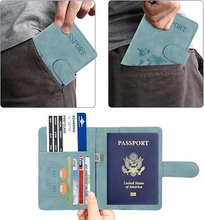 ACdream Passport Holder for Travel Essentials, Rfid Blocking Passport Wallet Cover Case for Travel Must Haves Accessories, Book Holders for Women & Men- Light Blue