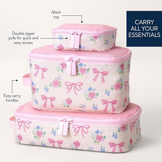 Itzy Ritzy Packing Cubes for Travel – Set of 3 Packing Cubes or Travel Organizers - Each Cube Features a Mesh Top, Double Zippers and a Fabric Handle (Ribbons & Roses)