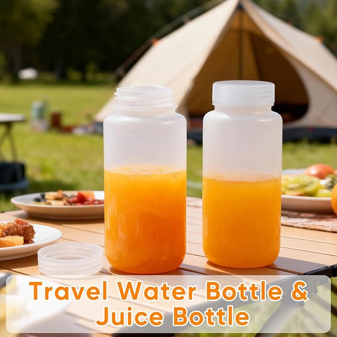 DEMORA 16 oz Plastic Bottles with Lids, Airtight Refillable Wide Mouth Travel Bottles for Toiletries, HDPE Food Grade Plastic Containers for Liquids Pill Water Sample Lab Reagent (Translucent, 2 Pcs)