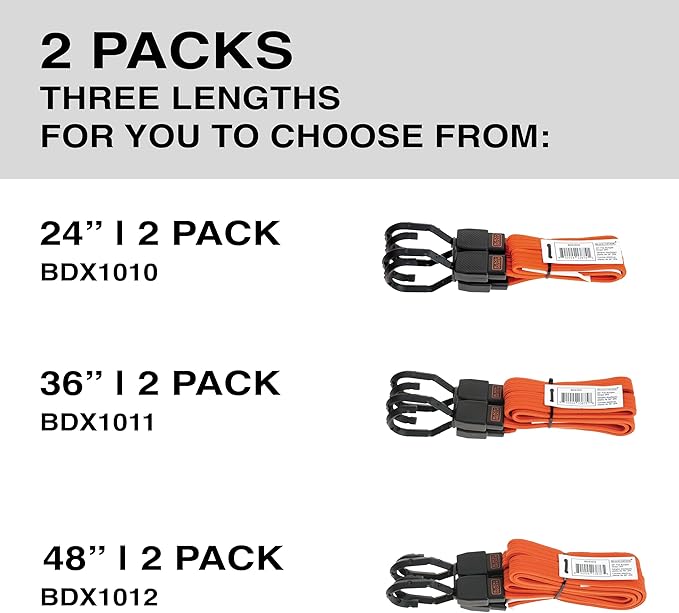 Black+Decker BDX1011 Black/Orange 36" Flat Bungee Cord Straps, 2 Pack