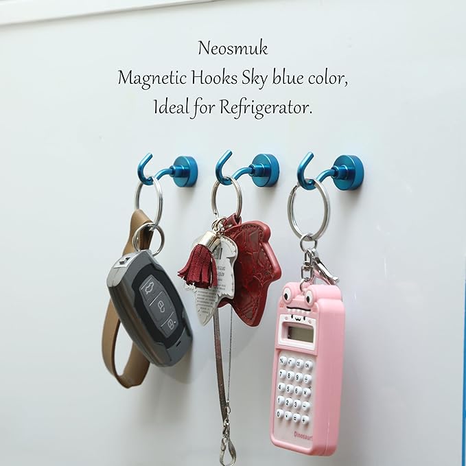 Neosmuk Magnetic Hooks,30lb+ Heavy Duty Earth Magnets with Hook for Refrigerator, Extra Strong Cruise Hook for Hanging, Magnetic Hanger for Cabins, Grill (Blue, Pack of 6)