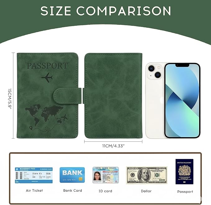 ILIYAH-Passport Cover-Passport Holder Travel Wallet-RFID Blocking Passport Case Travel Accessories Card Holder Wallet Unisex Travel Gifts (Green MG)