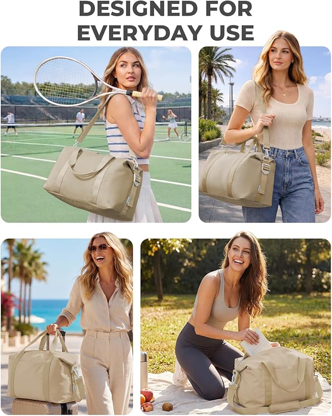 Percover Weekender Travel Duffel Bag for Women, Lightweight Soft-Structure 33L Carry-On, Water-Resistant Nylon with Shoulder Strap & Trolley Sleeve, Personal Item Friendly, Camel Tan