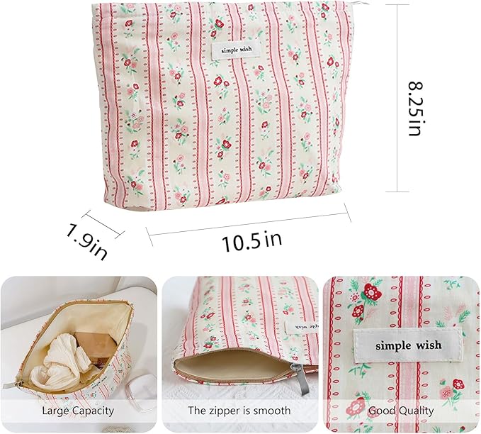 Wudygir Floral Makeup Bag for Women Travel Cosmetic Pouch with Zipper Large Capacity Canvas Toiletry Bag & Aesthetic Canvas Handbag (Pink Striped Floral)