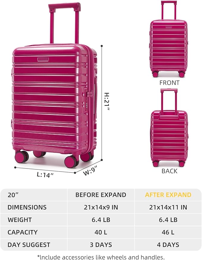 LARVENDER Carry On Luggage 22x14x9 Airline Approved, 20 Inch Expandable PC+ABS Hardside Suitcase Carry On Luggage with Spinner Wheels TSA Lock for Women Men (Very Berry)
