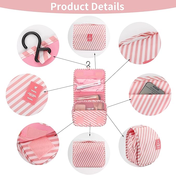 Foldable Hanging Travel Toiletry Bag,Waterproof Portable Travel Bags, Multifunction Travel Makeup Cosmetic Bag Organizer with Hanging Hook (Pink Stripe)