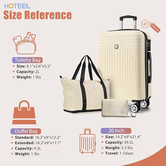 Hoteel Luggage Sets 3 Piece,(4-YEARS WARRANTY) ABS+PC Hardshell Carry On Luggage Airline With TSA Lock,Dual-Spinner Wheel, Expandable Duffle Bag For Lightweight Travel,Business,Beige
