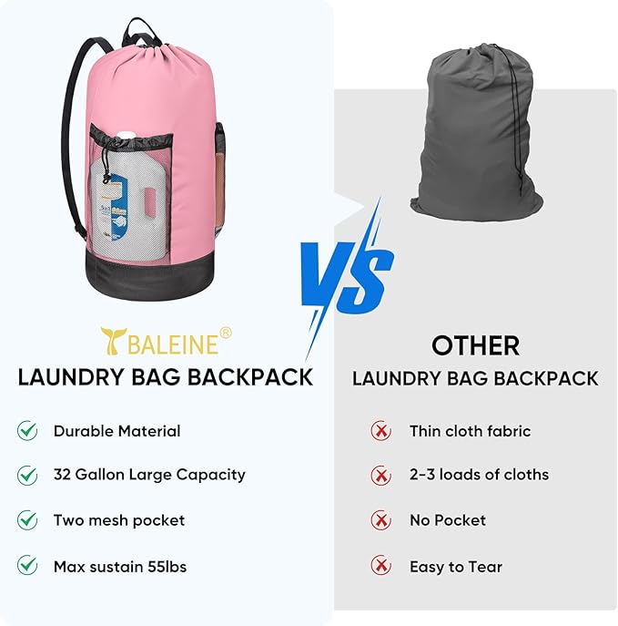 BALEINE 2PK 150L Laundry Bag Backpack, 900D Oxford Fabric Large Travel Laundry Bags with Shoulder Straps and 2 Mesh Pockets for College Dorm, Apartment, Laundromat (Pink, 150L)