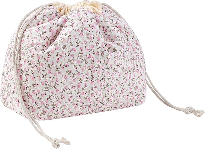 uekeboag Cotton Quilted Seersucker Makeup Bag with Canvas Lining,Coquette Aesthetic Cute Travel Toiletry Bag,Drawstring Gift Bag for Women and Girls（Pinkfloral）