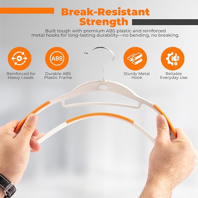 Lightweight White Plastic Hangers 20 Pack with Cascading Hook, Space Saving Thin, Closet Organizer, Orange Anti-Slip Pads, 360° Swivel, Tie Holder