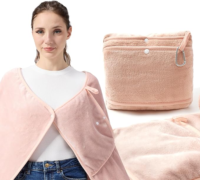 Travel Blanket with Carry Bag, Lightweight Wearable Airplane Blanket, Soft Packable Throw for Travel & Office Blush Pink