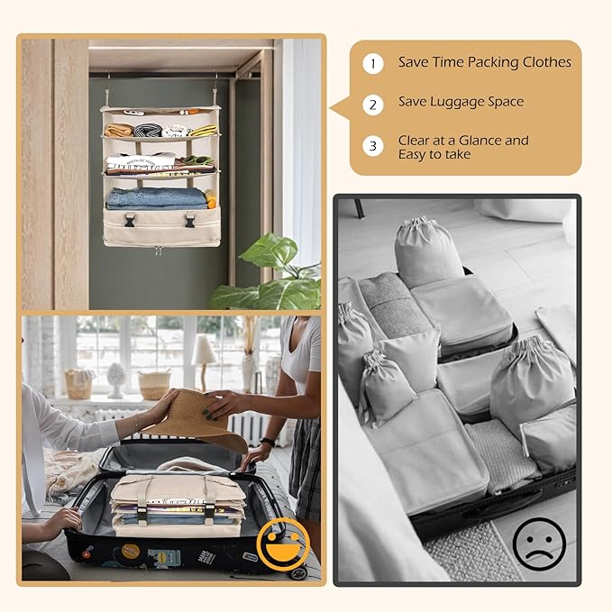 Surblue Hanging Closet Storage Bag Collapsible 3-Shelf Washable Oxford Fabric with 2 Hooks (XL 17.71 * 11.81 * 20in, Beige)