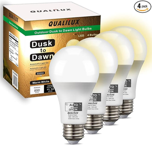 Qualilux Dusk to Dawn A19 LED Light Bulbs Outdoor, Automatic On/Off, 60W Equivalent, Warm White 3000K, Energy Efficient 9.5W, 850 Lumen, E26 Base, 4-Pack, HQ-H009