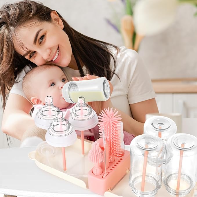 Travel Baby Bottle Cleaner Kit，7-in-1 Baby Bottle Brush Set for Travel and Home, All-in-One Baby Bottle Washing Kit: Integrated Cleaning & Drying System for Bottles and Breast Pump Parts (Pink)