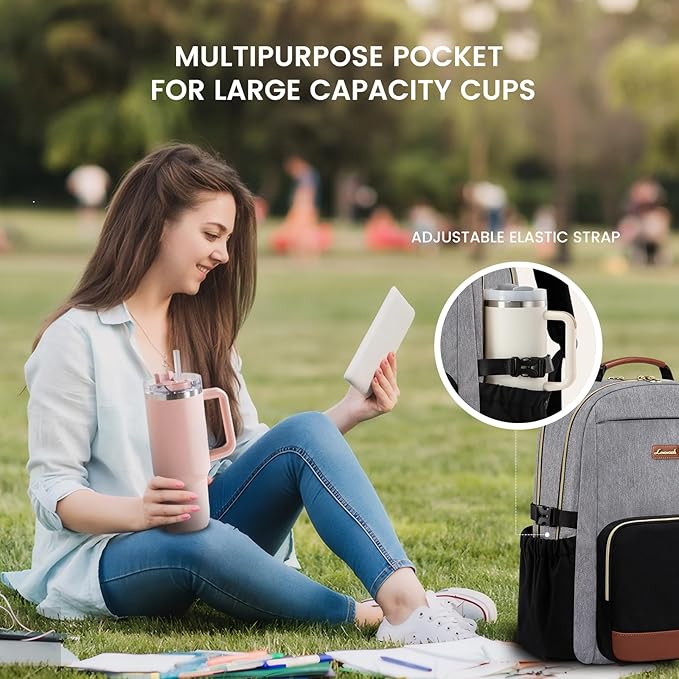 LOVEVOOK Laptop Backpack for Women with Pouch Pocket for Large Capacity Cup,15.6 Inch Teacher Nurse College Work Backpack Purse,Waterproof Laptop Bag Computer Back Pack for Travel, Grey-Black-Brown