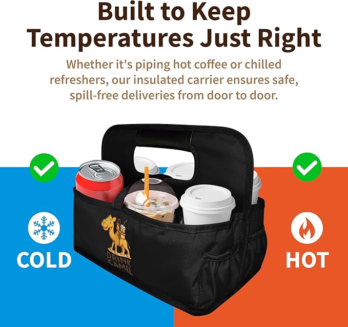 Reusable Drink Carrier with Handle – Durable No-Spill Insulated & Collapsible Beverage Bag with Pockets, Portable Caddy for On-the-Go Delivery, Travel & Car Use (6 Cup Carrier, Jet Black)