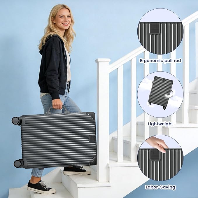 Carry On Luggage, 24 Inch Zipperless Luggage, Aluminum Frame Hardside Suitcase with TSA Lock, Spinner Wheels, Phone Holder, Charging Port, Cup Holder for Lightweight Travel, Grey
