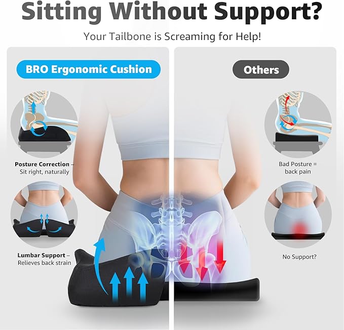 BRO Extra Large Office Chair Cushion for Sciatica Pain Relief: Memory Foam Seat Cushion for Tailbone Pain Relief Support for Long Sitting - 2 × Removable Covers with Handle - Car/Office/Home Use