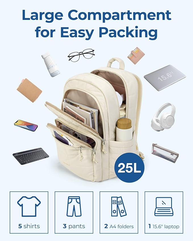 BAGSMART College Laptop Backpack, Travel Backpack for Women, Quilted Casual Daypack, Water-Resistant Bookbag for 15.6 Inch Laptop, Beige