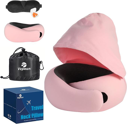 Travel Pillow - Hooded Neck Pillow Airplane Memory Foam Filling for Plane, Office, Cars Sleeping, Road Trip, Long Flights, Portable Plane Accessories, Includes Eye Mask & Earplugs (Pink)