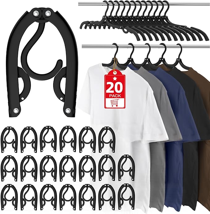 Travel Hangers Portable Foldable Travel Hanger Organizer, Plastic Cruise Essentials Clothes Drying Rack Folding Hangers for Camping Flying RV Europe Vacation Essentials Suitcase (Black, 20 Pack)