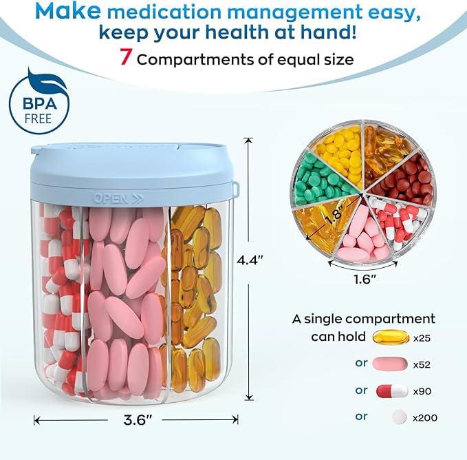 Pill Dispenser with 7 Large Compartments, 4.4" H x 3.6" Dia Pill Bottle Organizer for Travel, Supplement Organizer with Anti-Mixing Design, BPA-Free Pill Container with 20 Pcs Labels, Blue