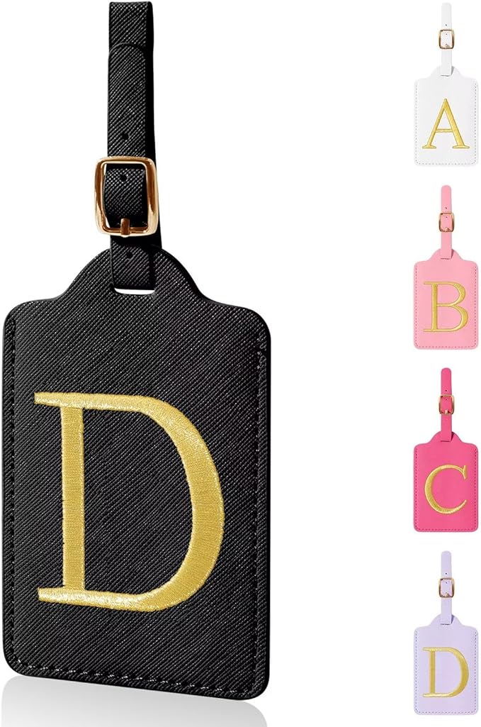 Personalized Initial Luggage Tags for Suitcases,Leather Letter Cute Luggage Tags with Privacy Name Card,Embroidered Monogrammed Travel Bag Backpack Tag Gifts for Women Kids Girls Teens(Black-D)