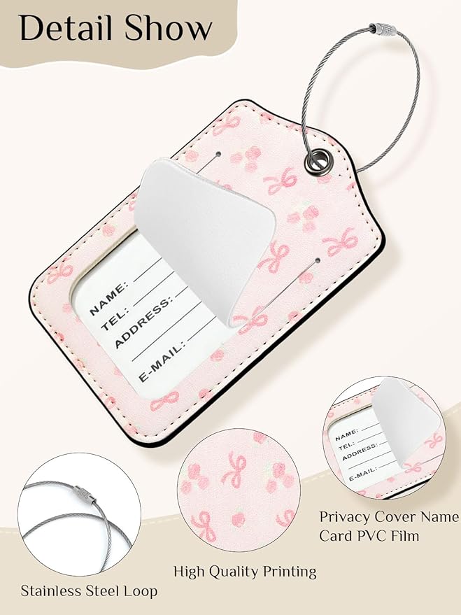 Seorsok 2Pcs Luggage Travel Tags for Suitcases,Pink Bow PU Leather Name Tag with Privacy Cover&ID Label Address Card and Durable Metal Ring Suitable for Men Women Handbags Backpack,Blooming Rose
