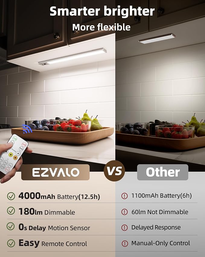 EZVALO 3-Pack 16.5inch Under Cabinet Lighting with Remote, 4000mAh Rechargeable Motion Sensor Lights, Magnetic Dimmable Closet Light, 3 Color Temps Wireless Lights for Kitchen, Pantry, Stair