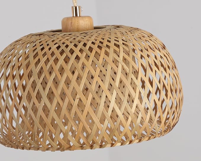 Bamboo Plug in Pendant Light with 14ft Handmade Woven Light Cord, Dimmable Switch, Boho Basket Hanging Lamp for Bedroom Kitchen Island Decor Farmhouse Living Room