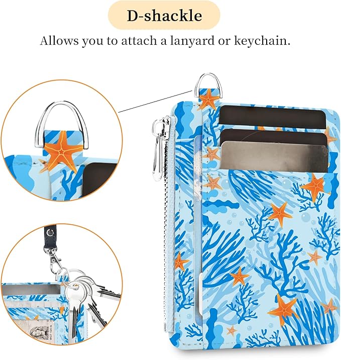 Hancynir Slim Wallet Women Credit Card Holder Ocean Sea Starfish Cute RFID Blocking Small Card Wallets Mini Front Pocket PU Leather Thin Travel Zipper Coin Cash Ladies Female Wallet Organizer Gifts