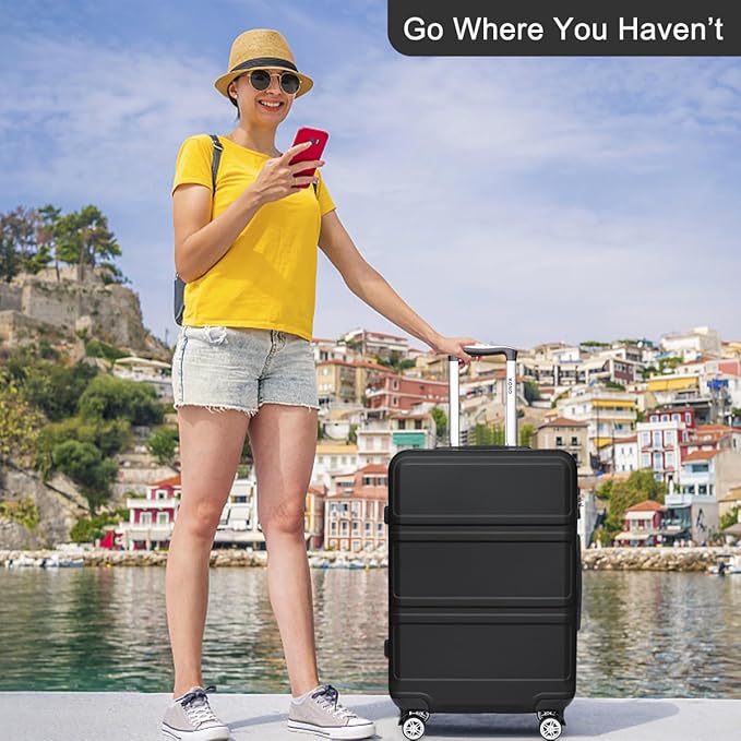 Kono 24 Inch Luggage Suitcase with Spinner Wheels TSA Lock Lightweight PC+ABS Hardside Medium Checked Luggage Durable Rolling Suitcase Black