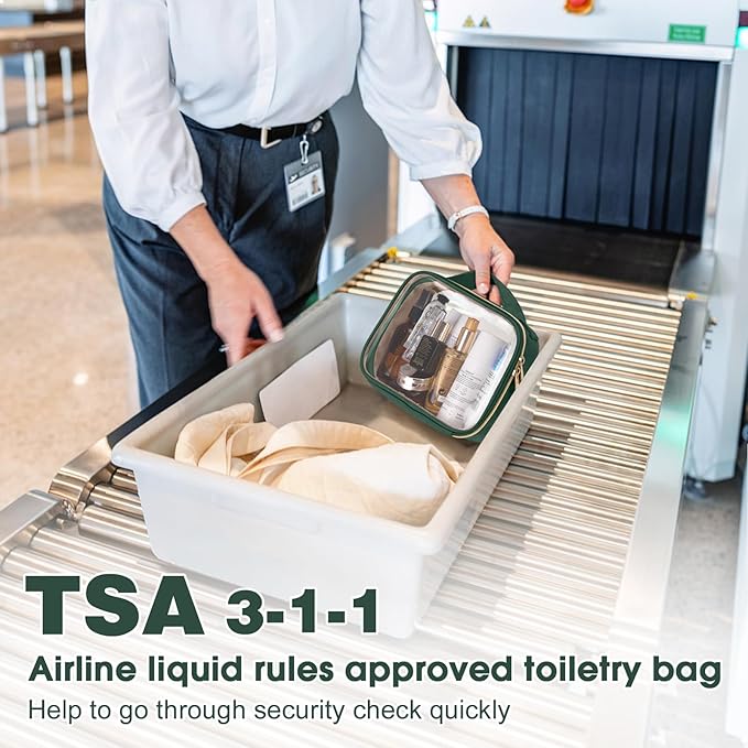 Wedama TSA Approved Toiletry Bag, 4 Pack Clear Makeup Bags with Handles, Quart Size Clear Toiletry Bags, PVC Cosmetic Bags for Women and Men, Carry on Airport Airline Compliant Bag, Dark Green