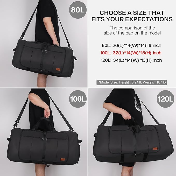 100L Travel Duffle Bag for Men, Urtala 32” Large Duffle Bag for Traveling with Shoe Compartment, Foldable Travel Duffel Bag Weekender Bag Gym Bag for Men Women Waterproof & Tear Resistant (Black)