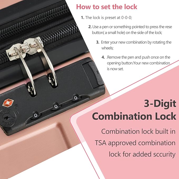 24 Inch Checked-Large Luggage, Lightweight ABS Hard Shell Suitcase with Spinner Wheels, Expandable Travel Luggage with Combination Lock & Side Hooks for Men Women, Rose Pink