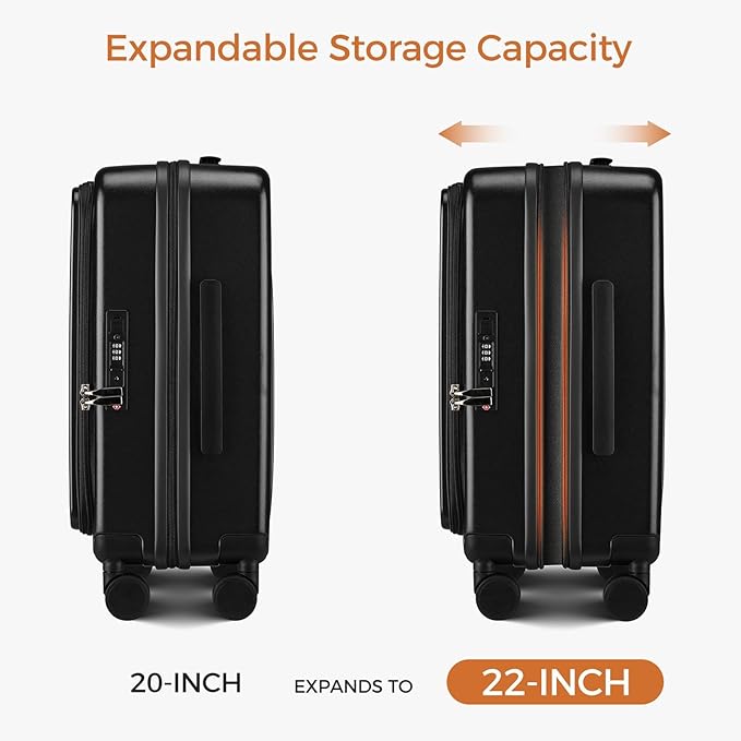 Carry On Luggage Top Opening with Cup Holder & Phone Holder, Expandable PC Hard Shell Suitcase, USB Charging Port, Side Hook, 360° Spinner Wheels, TSA Lock & YKK Zippers for Women Man Gifts