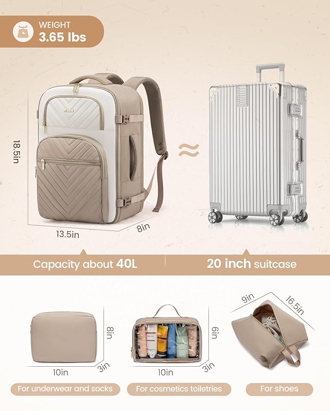 LOVEVOOK Travel Backpack Carry on Flight Approved 40L,Waterproof TSA Travel Essentials Personal Item Backpack for Women Men,Large Carry on Luggage Suitcase Travel Bag for Airplane with 3 Packing Cubes