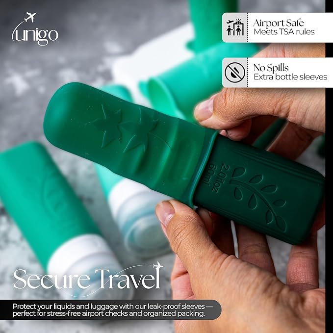 unigo Silicone Travel Bottles Set for Toiletries, Airplane Approved TSA Carry On Size, BPA Free Leakproof Refillable Squeeze Containers with Labels, Cleaning Brush and Covers (Multicolor C)