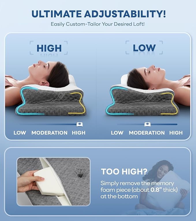 No More Aches Neck Pillow for Pain Relief, Adjustable Cervical Pillow for Neck Support with Armrest,Odorless Ergonomic Contour Memory Foam Pillows,Orthopedic Bed Pillow for Side Back Stomach LightGrey