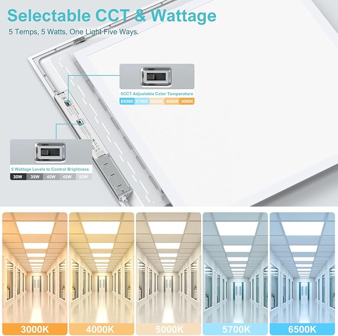 1 Pack 2x2 LED Flat Panel Light,3000K-6500K & 5 Wattage Selectable | 50W 5500LM, 0-10V Dimmable, AC 120-277, Recessed 2x2 led drop ceiling light fixture for Office, Kitchen, Garage, School