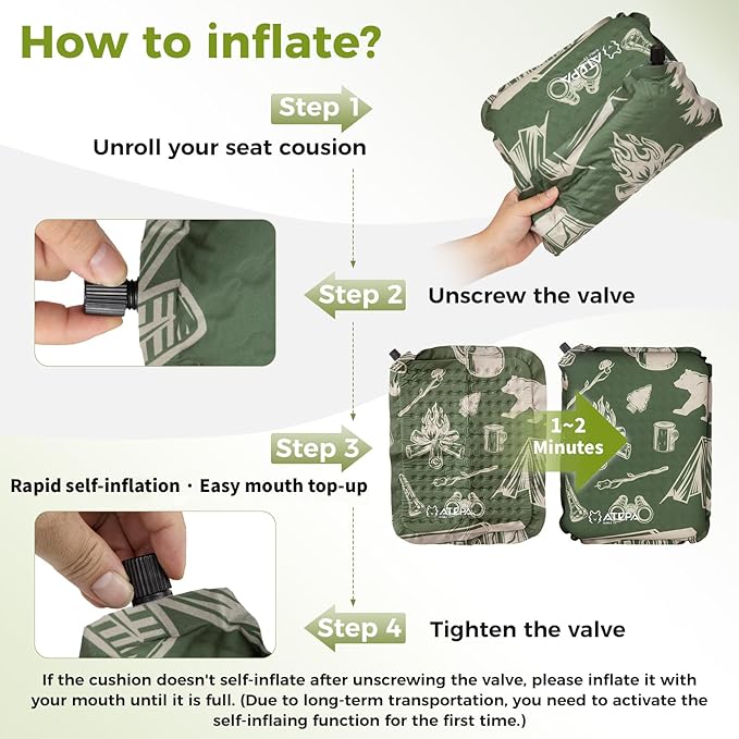 ATEPA Inflatable Seat Cushion, Self-Inflating Portable Stadium Airplane Travel Foam Cushion Pad for Camping, Sports Events, Outdoor