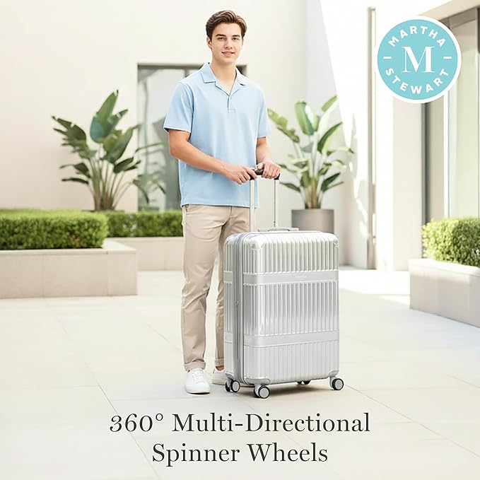 Martha Stewart The Bedford 30 Inch Rolling Luggage, Hardshell Suitcase with Spinner Wheels, Silver
