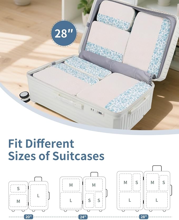 Narwey 7 Set Floral Packing Cubes for Travel Carry on Suitcase Luggage Organizer Bags for Kids Women Men, Durable Packing Organizers Bag, Travel Essentials Accessories (Blue Flower)